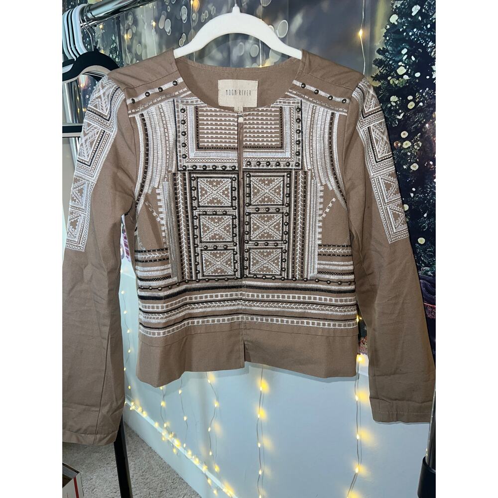 048 Moon River Embroidered Beige Jacket Small Boho Cropped Cotton $120 MSRP - Picture 3 of 8